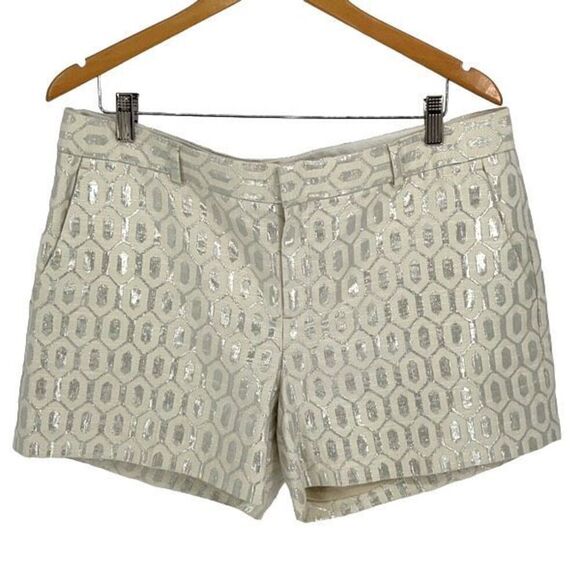 Banana Republic Vintage Womens Geometric Flat Front Shorts Beige Silver Metallic - Picture 1 of 9